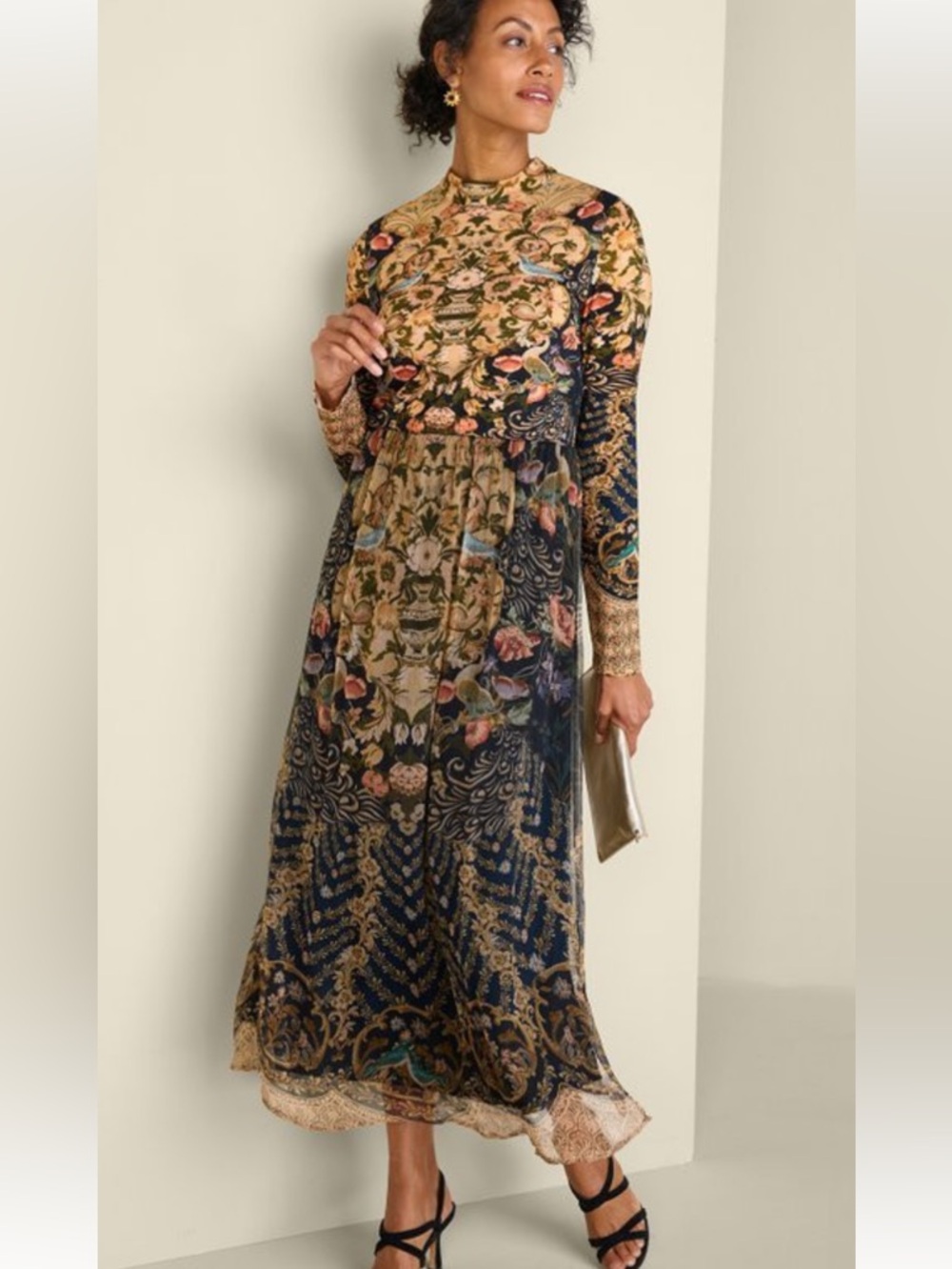 Soft Surroundings Kalista Floral Baroque Long Sleeve Maxi Dress in Navy and Gold